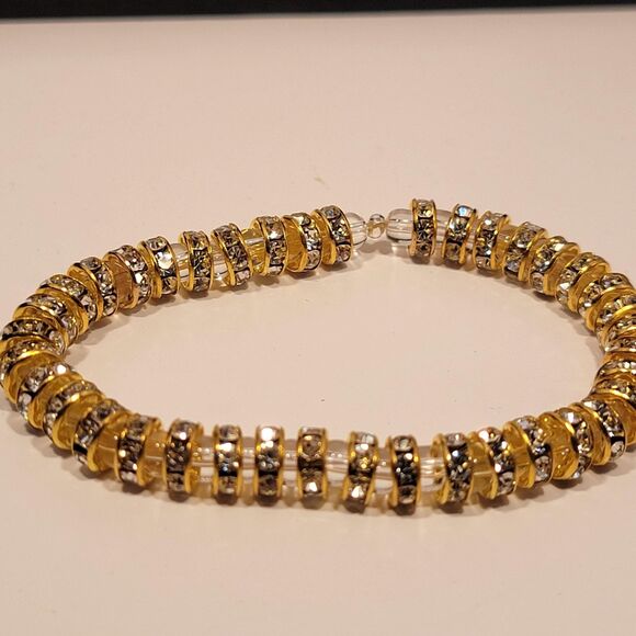 Handmade Gold and Crystal Beaded Bracelet | Sparkly Glass Jewelry Any Occasion - Picture 1 of 2